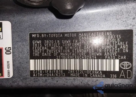 2016 Toyota Corolla Le z USA, uszkodzony, nr VIN 2T1BURHEXGC492814